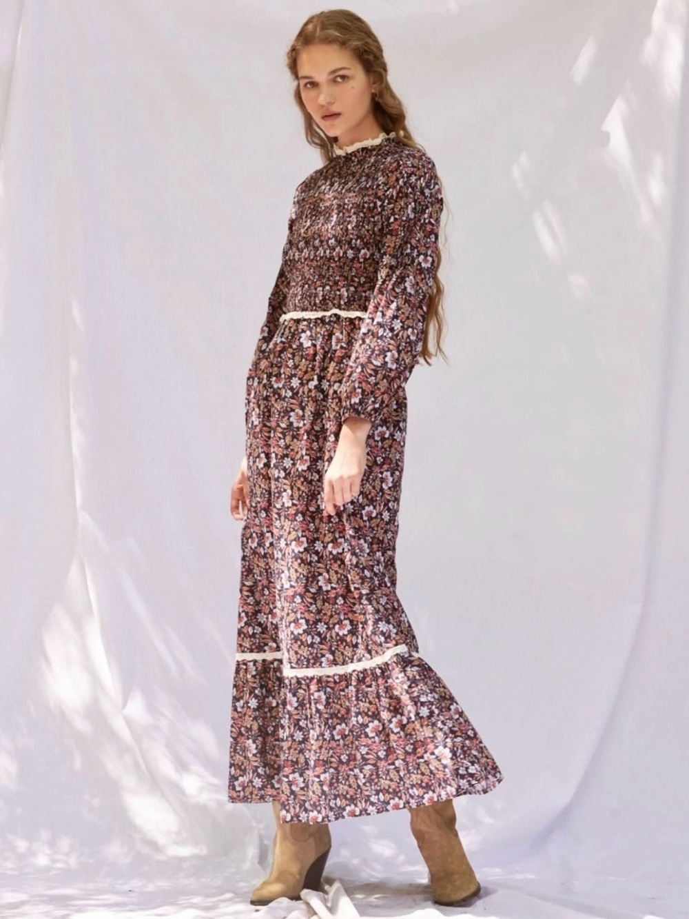 $200 Smocked Brown Floral Maxi Dress with Lace Trim